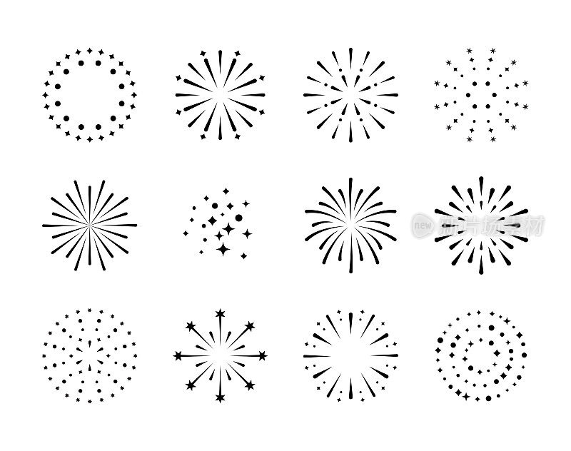 焰火。一套黑色爆竹图标为周年，新年，庆祝，节日。白色平面设计。