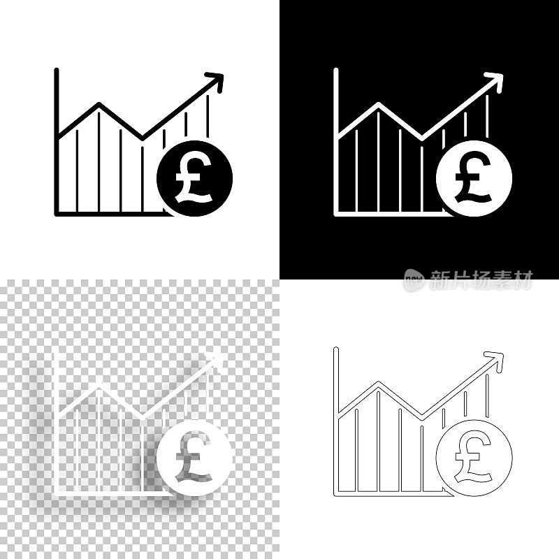 与英镑硬币的增长图。图标设计。空白，白色和黑色背景-线图标