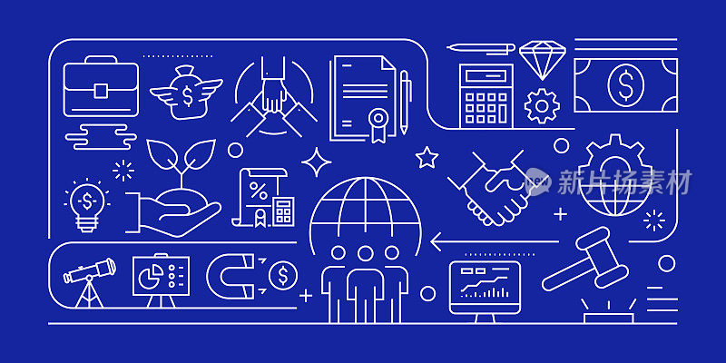 商业和金融相关的矢量旗帜设计概念，与图标的现代线条风格