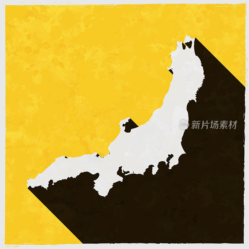 本州地图与纹理黄色背景上的长阴影