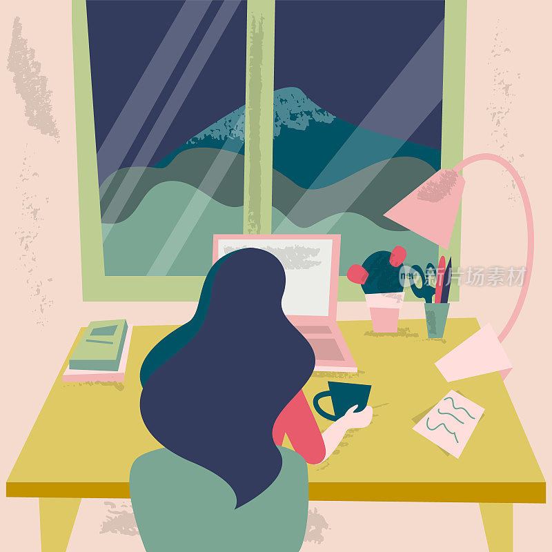 一个自由职业的女人正坐在窗外。从工作场所前面的窗口看到的景色。卡通平面插图