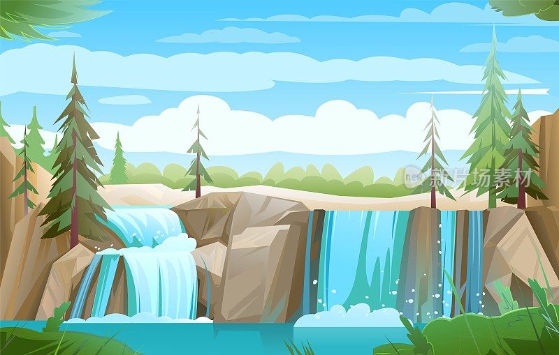 湖和松树。岩石之间的瀑布景观。级联向下闪闪发光。水的流动。漂亮的卡通风格。平面设计。向量