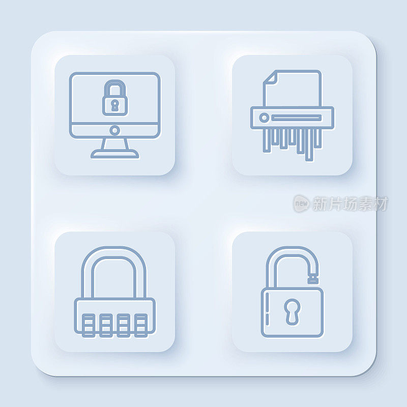 在电脑显示屏上设置线锁、碎纸机机密锁、安全密码锁和开锁。白色正方形按钮。向量