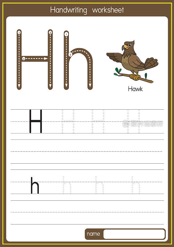 矢量说明霍克与字母H大写字母或大写字母的儿童学习练习ABC