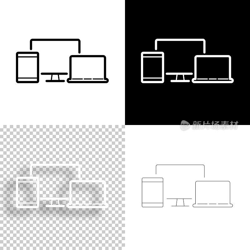 台式电脑、平板电脑和笔记本电脑。图标设计。空白，白色和黑色背景-线图标