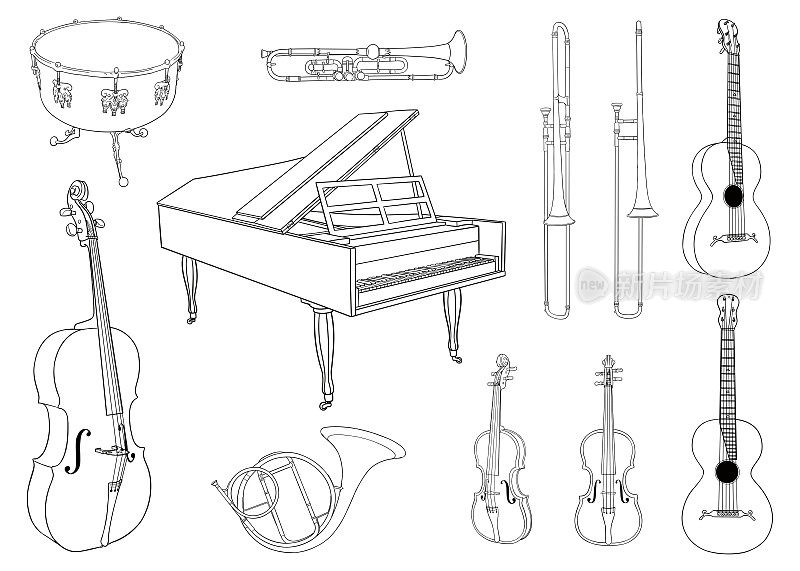 各种乐器的简单绘图:鼓、小号、长号、吉他、大提琴、钢琴、圆号、小提琴