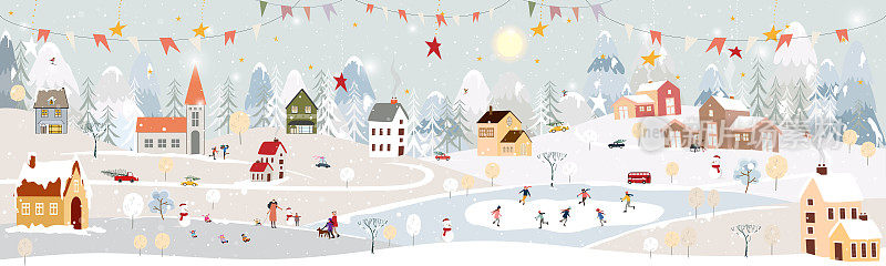 冬季景观，庆祝圣诞和新年2023年在村庄晚上与快乐的北极熊在公园玩冰鞋，矢量水平横幅冬季仙境在农村