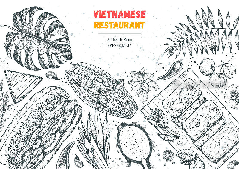 越南食物顶视图框架。一套越南菜。菜单设计模板。手绘素描矢量插图。雕刻风格。