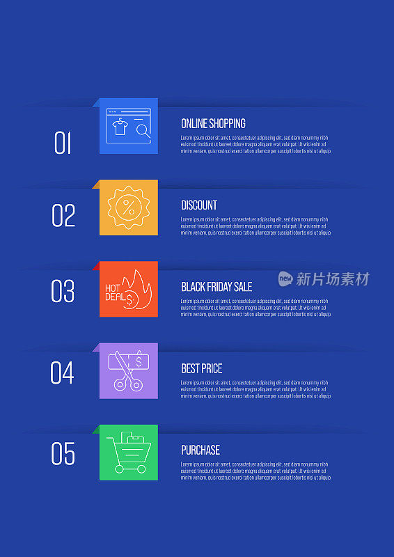 黑色星期五概念矢量线信息图形设计图标。5选项或步骤的介绍，横幅，工作流程布局，流程图等。