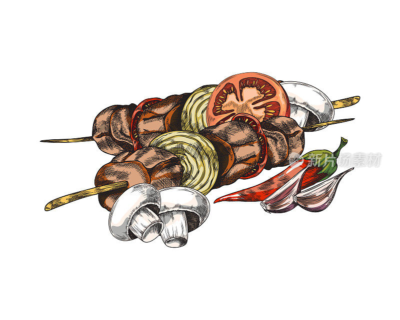 肉串或烤肉串与蔬菜烤，矢量插图孤立。