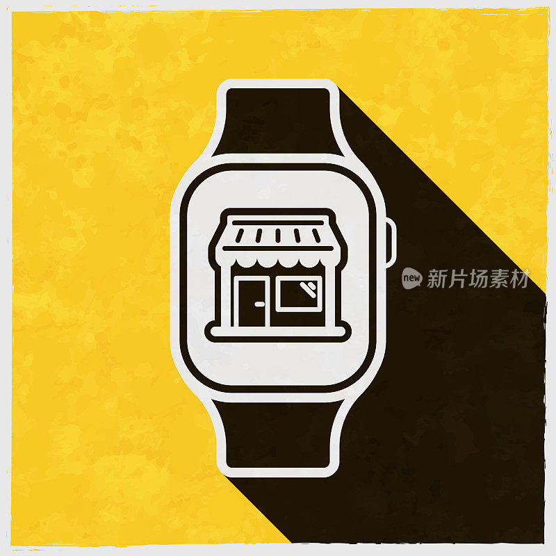 智能手表在线购物。图标与长阴影的纹理黄色背景