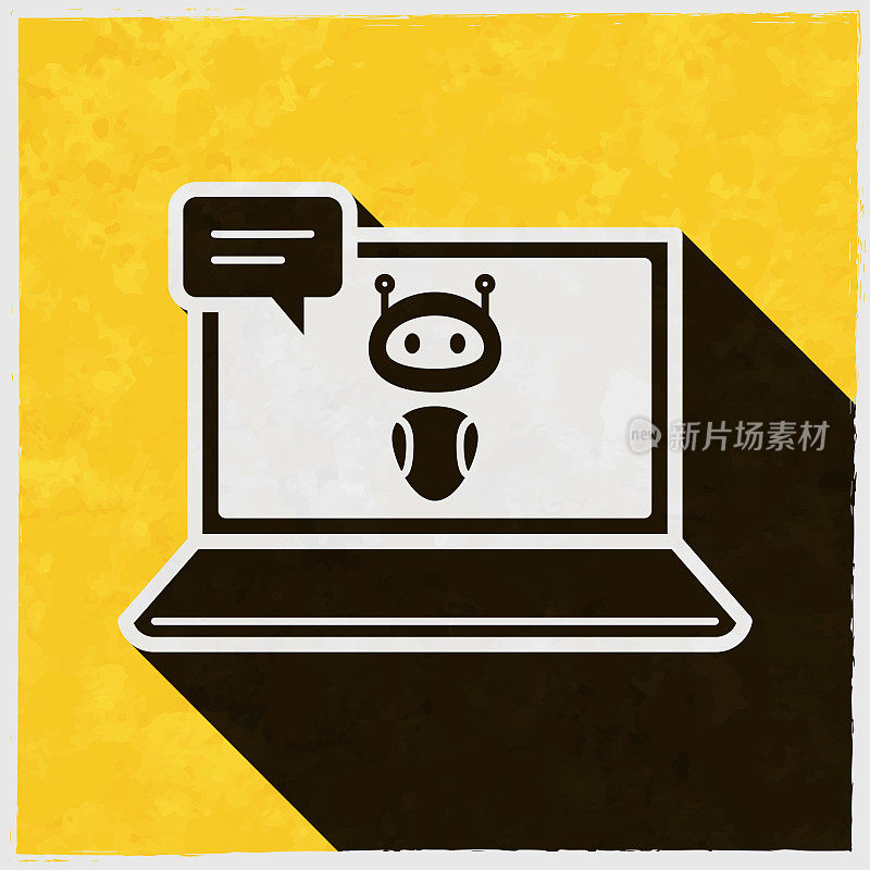 笔记本电脑聊天机器人。图标与长阴影的纹理黄色背景