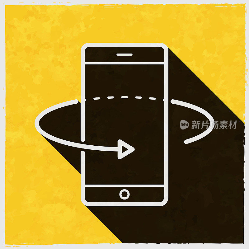 智能手机360度旋转。图标与长阴影的纹理黄色背景