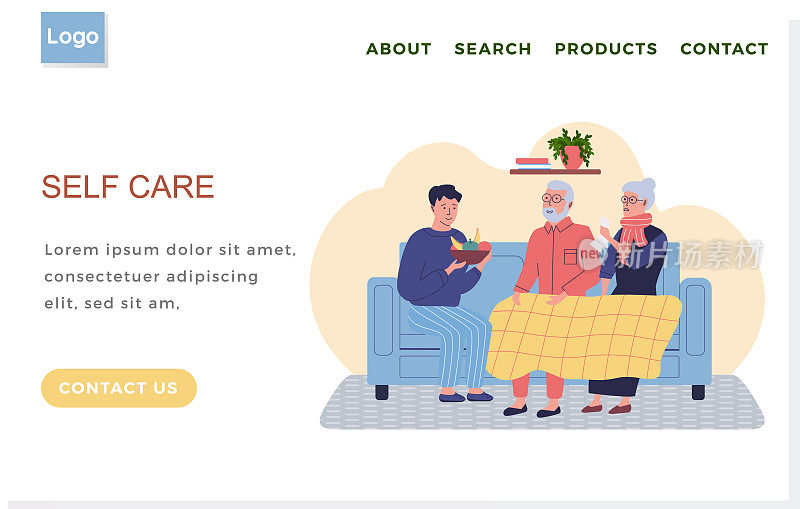 Internet网站页面布局。自我保健的概念。一名男子给年长的亲戚送新鲜水果
