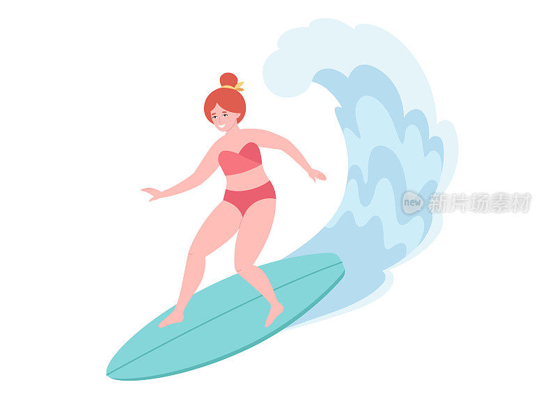 女人在冲浪板上冲浪，在海洋中捕捉波浪。夏季活动，夏季时光，冲浪。你好,夏天。暑假。手绘矢量插图