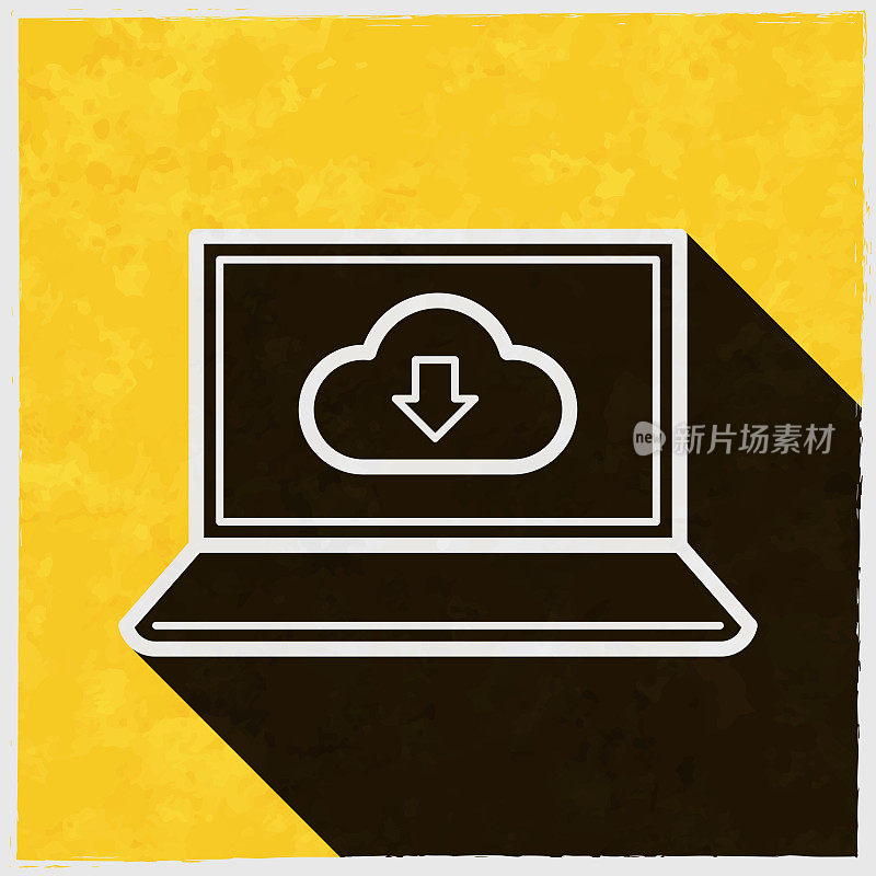 云下载到笔记本电脑。图标与长阴影的纹理黄色背景
