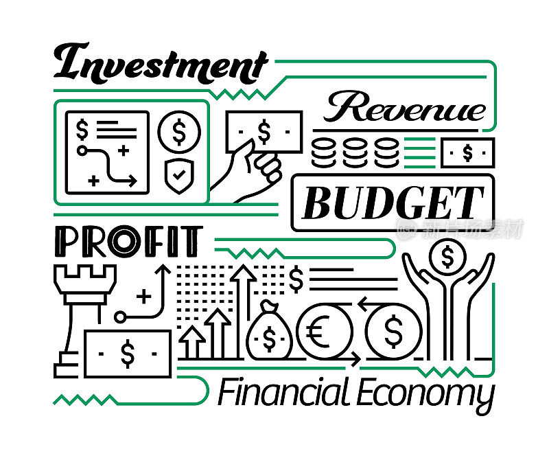 金融对象和要素。线条图标插图集合。图标设置或标题模板。