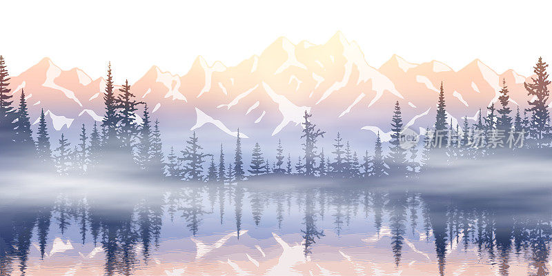 湖上的日落，如画的倒影，山景，全景的山脊和森林在雾中