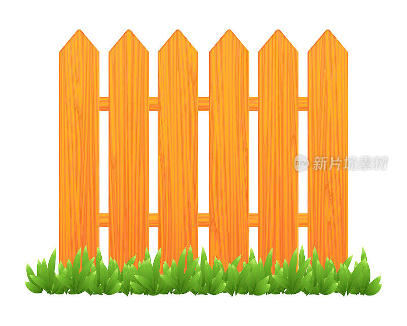 矢量插图的木栅栏与绿色的草孤立在白色的背景。卡通风格的棕色木栅栏。现实的屏障。