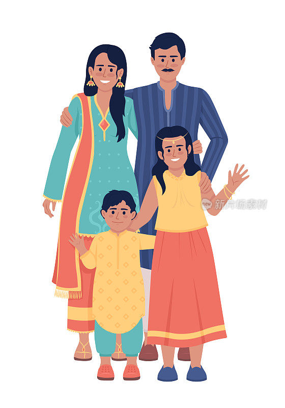 穿着印度民族服饰的家庭半平色矢量人物