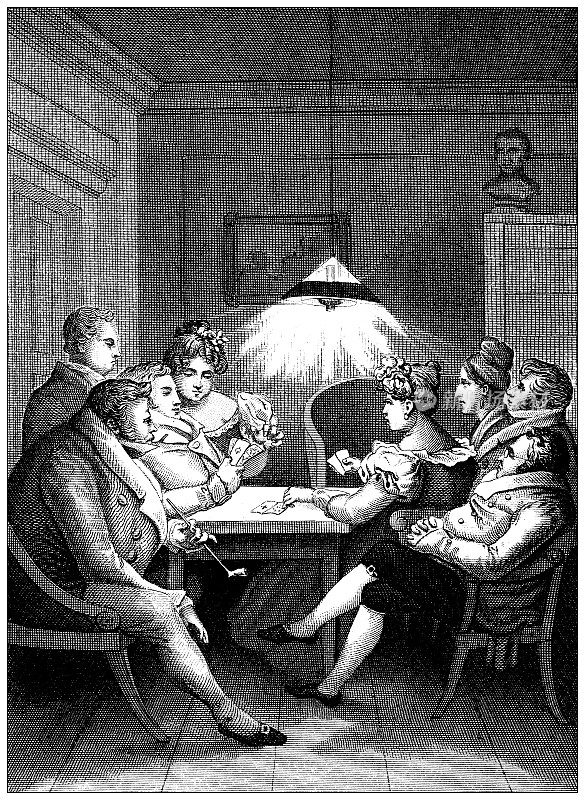 古董雕刻插图，文明:扑克牌，1810年