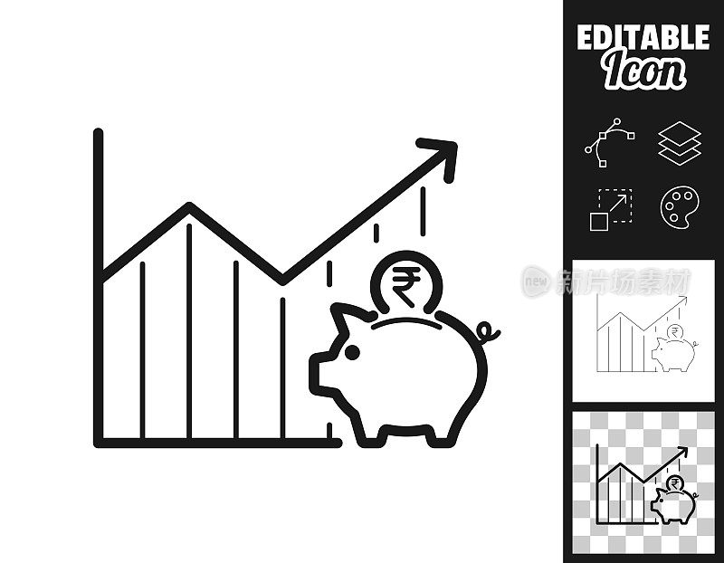 印度卢比储蓄增加的图表。图标设计。轻松地编辑