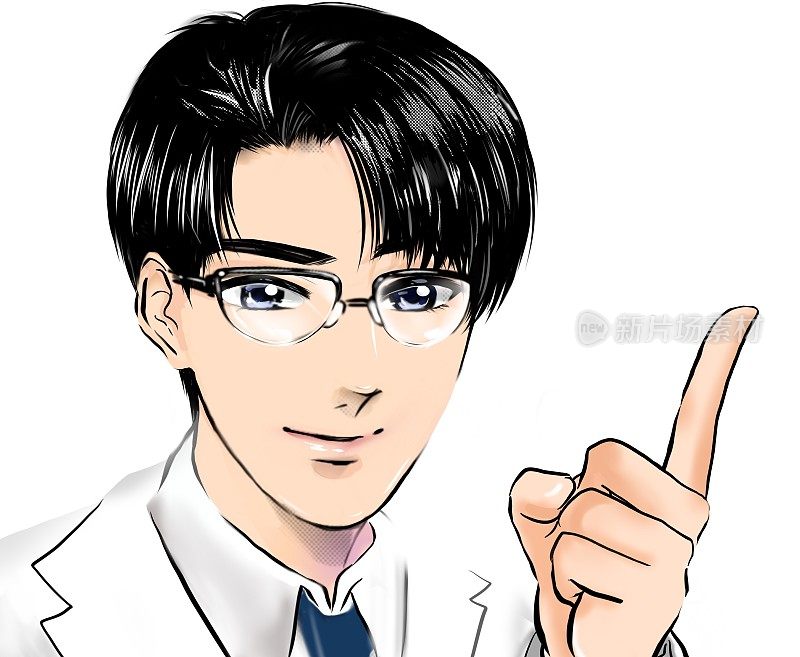彩色卡通插图，一个英俊的黑发医生与眼镜指向和指导病人，白色背景。