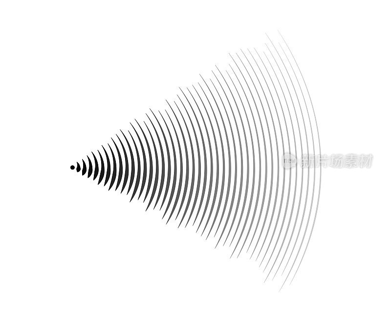 声波信号。收音机或音乐音频概念。震中或雷达图标。径向信号或振动元件。脉冲曲线。同心圆纹半圆。向量