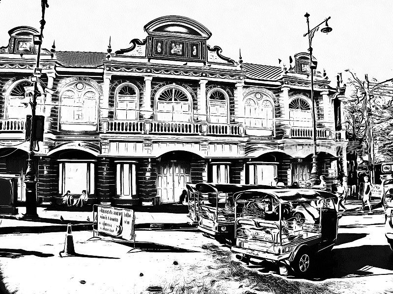 曼谷大皇宫周围的风景黑白插图。