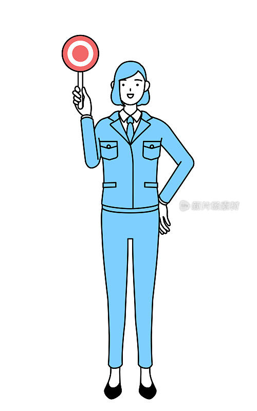 简单的线条插图，一个穿着工作服的女人拿着一根可延展的棍子，显示正确的答案。