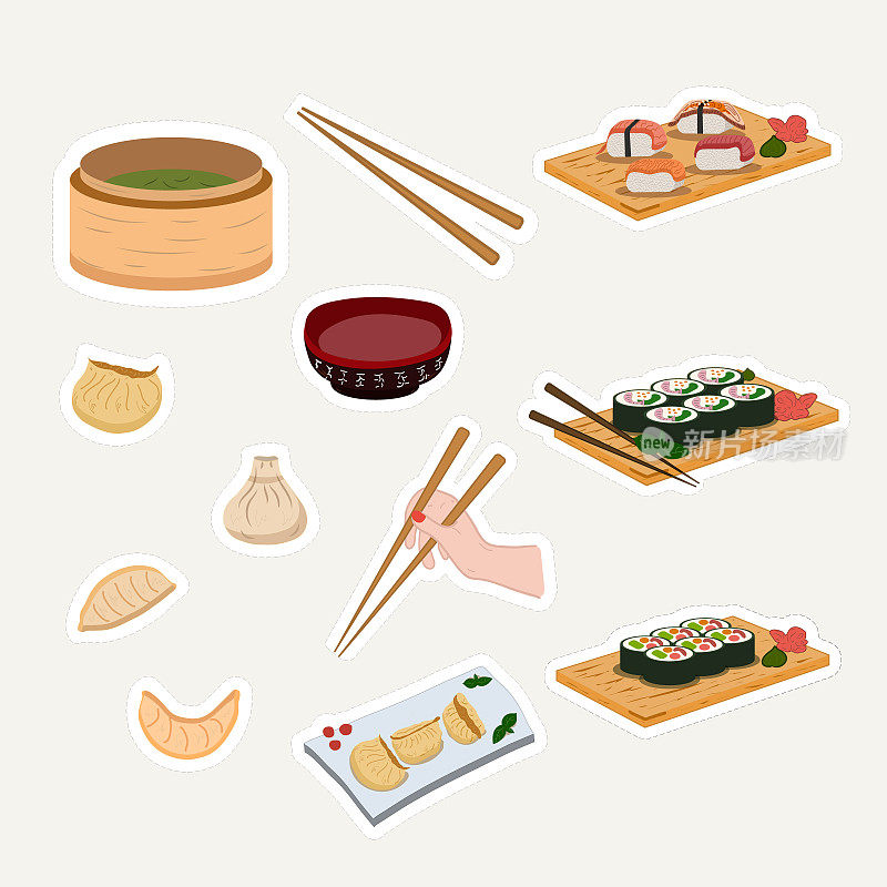 亚洲人吃食物的贴纸。矢量插图。锅炉，筷子在手，饺子，卷，寿司