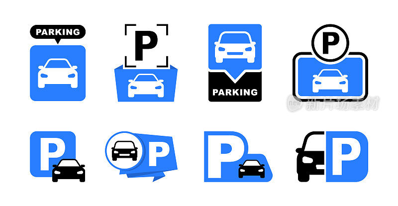 汽车停车图标设置。停车位标志。停车位置。矢量插图。