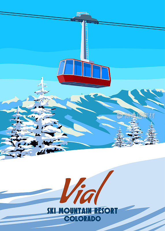 滑雪旅游胜地海报古董瓶。美国科罗拉多州冬季风景旅游卡