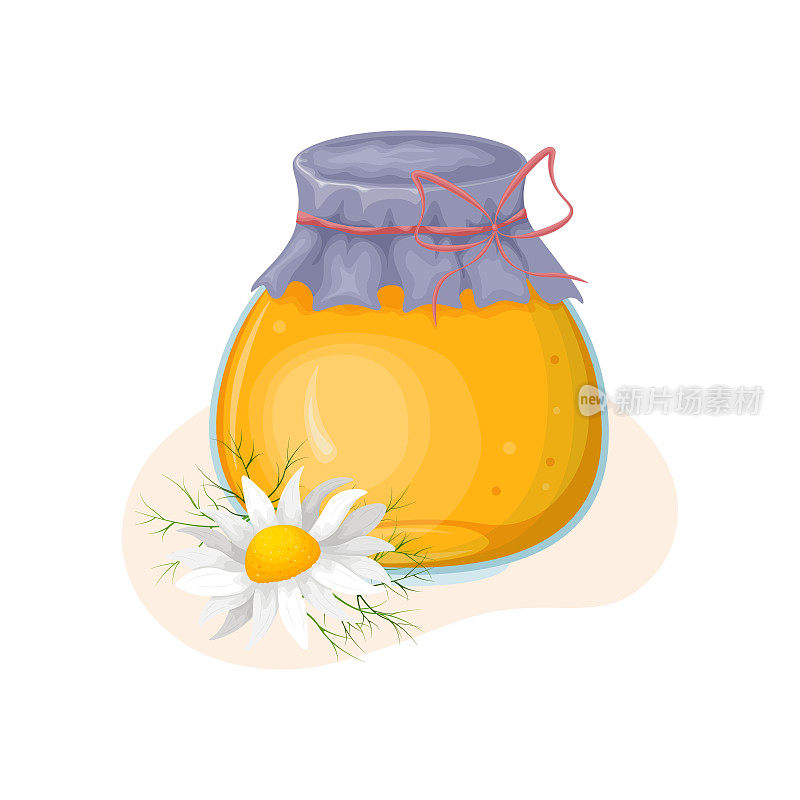 一罐蜂蜜。一个装有甜蜂蜜的玻璃罐。一瓶蜂蜜和一朵洋甘菊花。矢量插图孤立在白色背景上