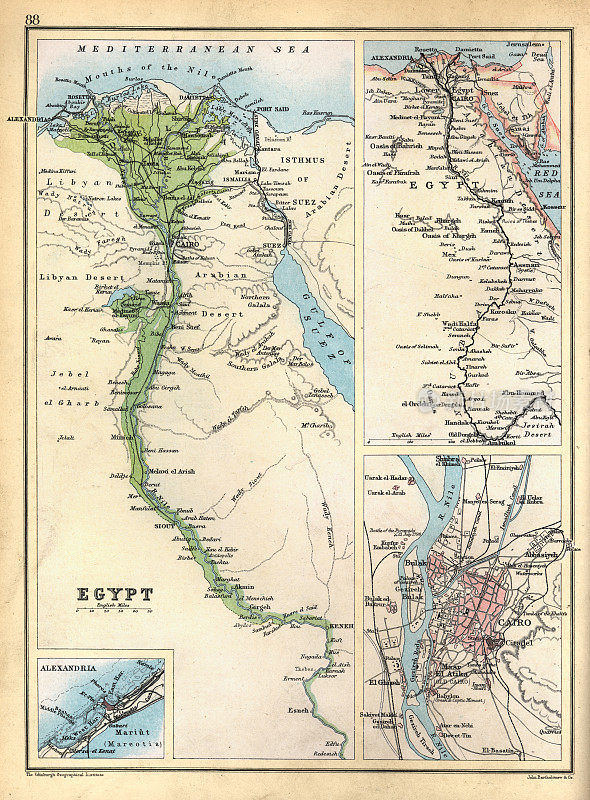 古埃及地图，详细的尼罗河，亚历山大，开罗，19世纪90年代，维多利亚19世纪的历史