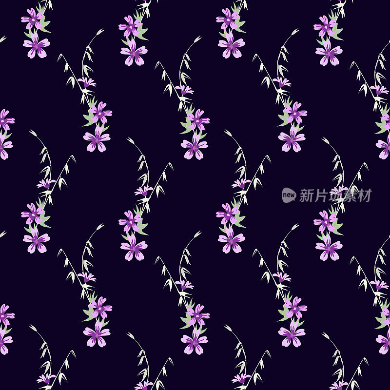 矢量无缝花卉图案在深蓝色的背景与小丁香粉红色的花序，草甸花。用于织物图案、墙纸、包装纸等