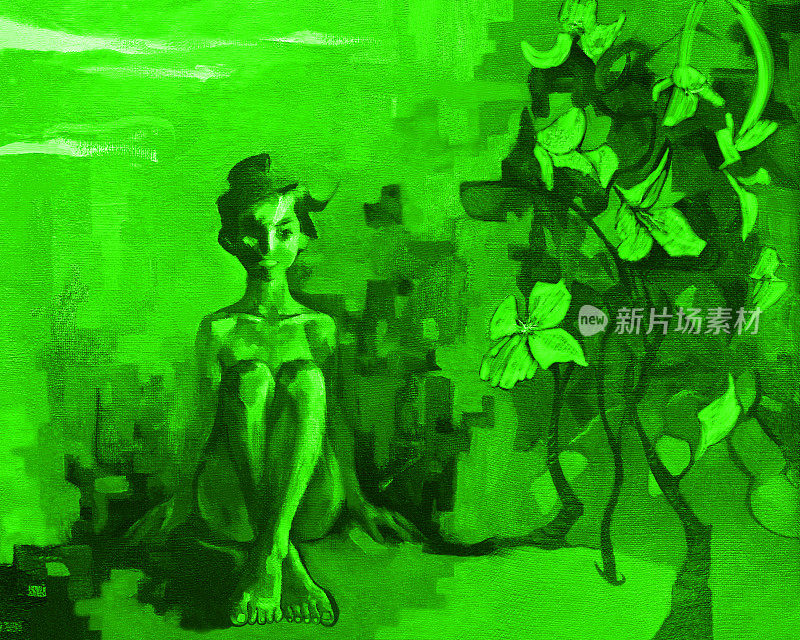 插图油画绿色肖像人物一个坐着的女孩长发对着花草树木