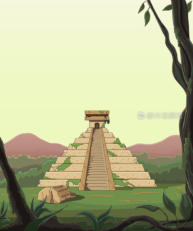 从丛林中俯瞰玛雅金字塔。考古地标，墨西哥文化古庙。野生动物场景，垂直方向。手绘，提纲。温暖的背景。矢量图