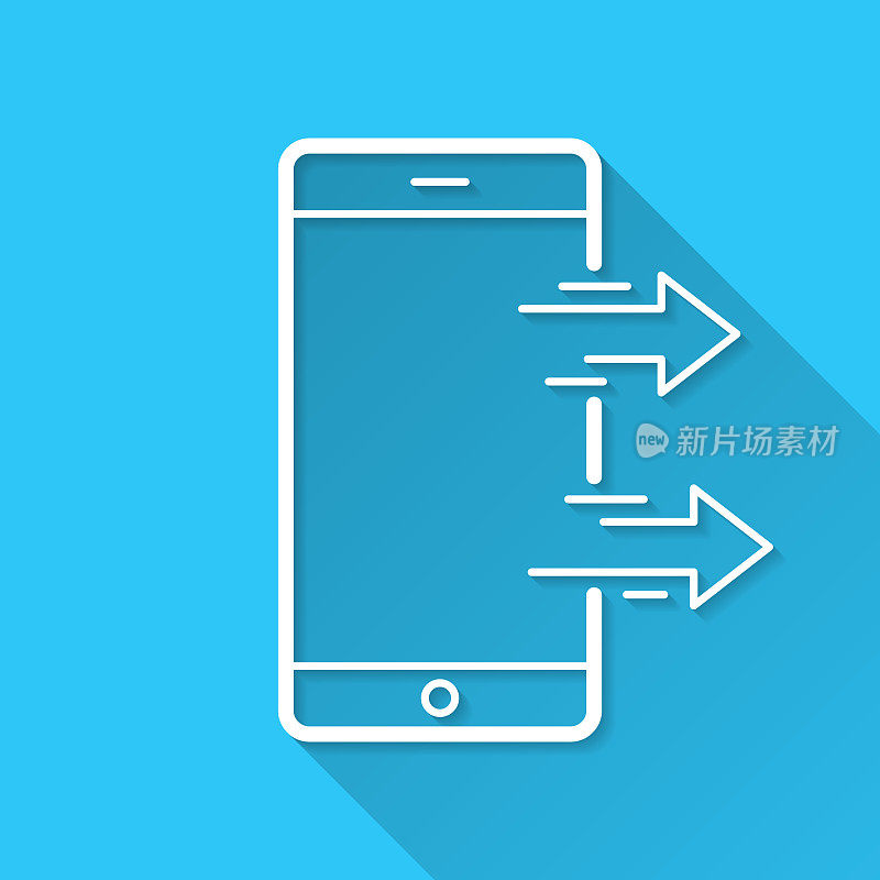 从智能手机发送。图标在蓝色背景-平面设计与长阴影