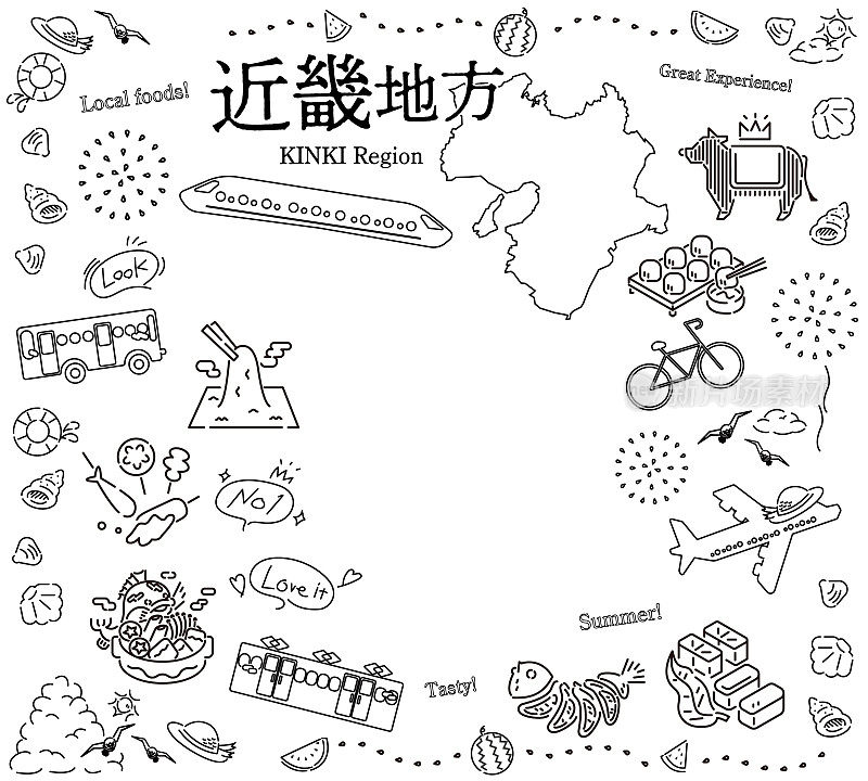 日本近畿地区夏季美食旅游标志套装(线条画黑白)