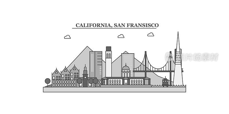 美国旧金山城市天际线孤立矢量插图，图标