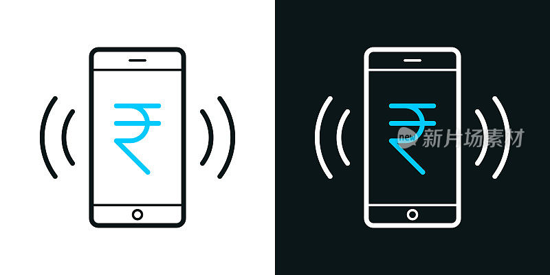 智能手机响着印度卢比的标志。黑色或白色背景上的双色线图标-可编辑的笔画