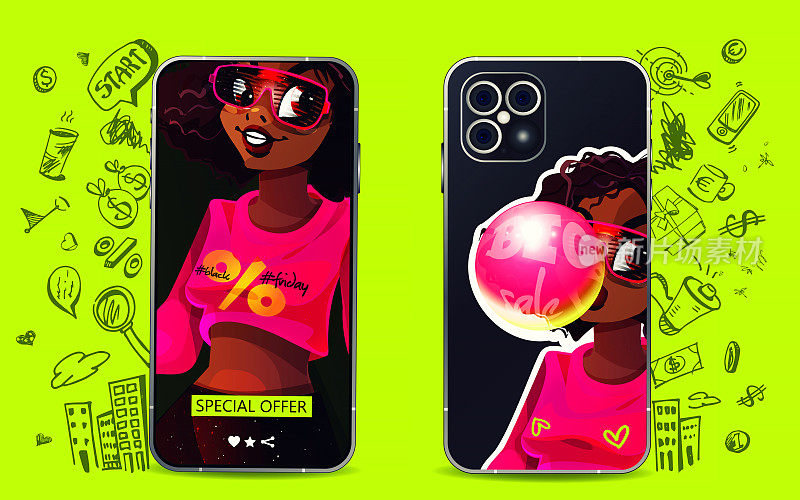 卡通风格的季节性销售概念。“黑色星期五”。手机屏幕上有年轻美丽的非裔美国女性，手机背面有黑色星期五贴纸，背景颜色鲜艳，手绘。创意假日网页模板。