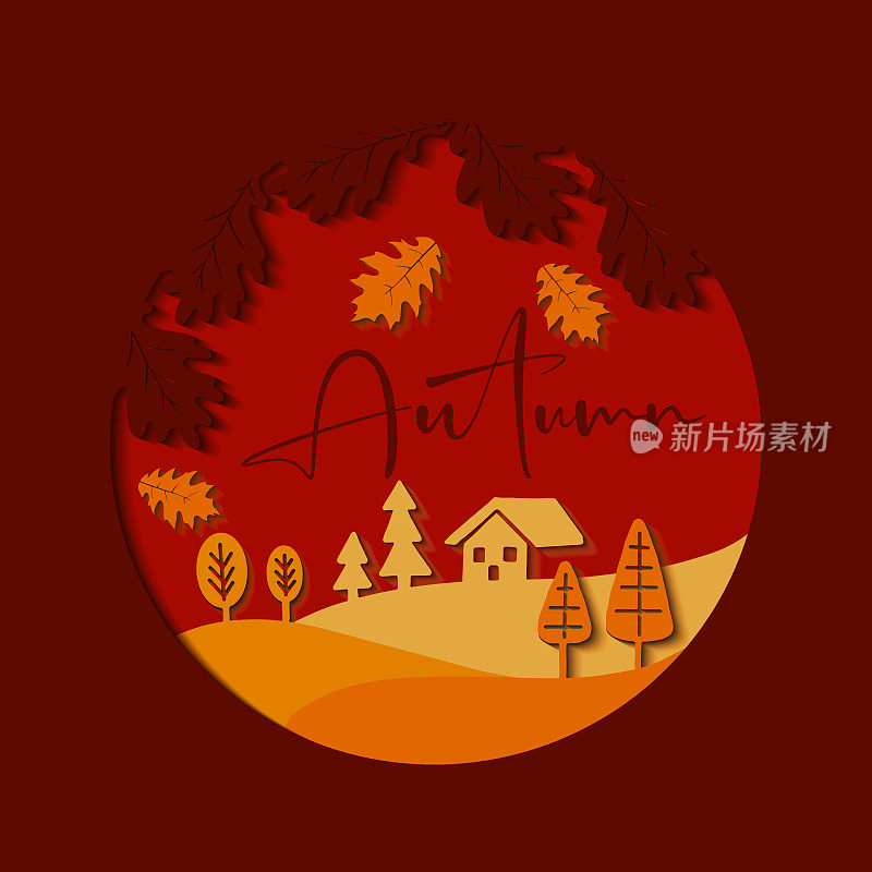 剪纸秋景，农舍，树木和树叶落，矢量横幅的卡通纸艺术的秋天在农村与农场的景观在橙色树叶