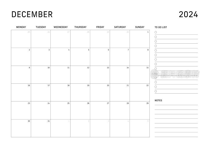 周一开始2024年12月的日历，包括待办事项清单和笔记