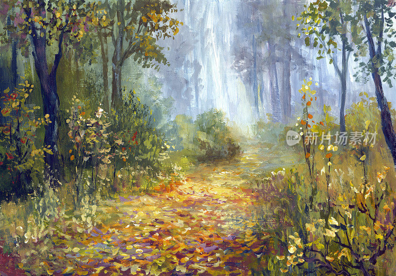 湿秋林，油画