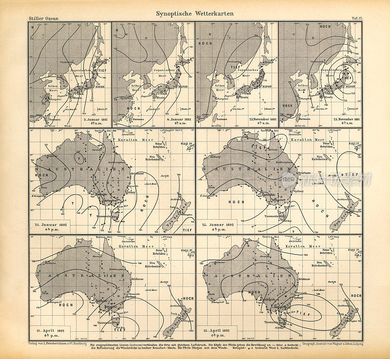 太平洋天气模式图，德国古董维多利亚雕刻，1896年