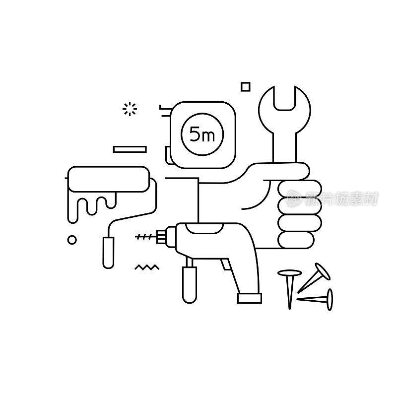 家居维修相关设计与线条图标。简单轮廓符号图标。装修,家居装修,承包商,建筑。