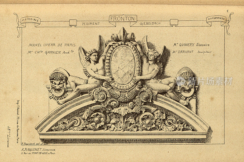 建筑山形墙，天使，剧院面具，建筑史，装饰和设计，艺术，法国，维多利亚，19世纪