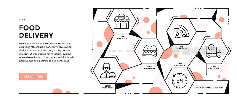 食品配送信息图表网页横幅与可编辑的笔画图标
